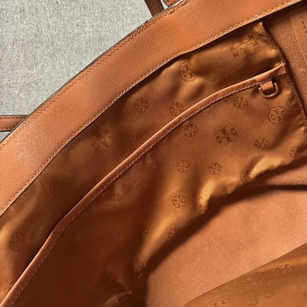 Tory Burch Large York Gold Buckle Saffiano Tan Cognac Leather Tote Bag READ